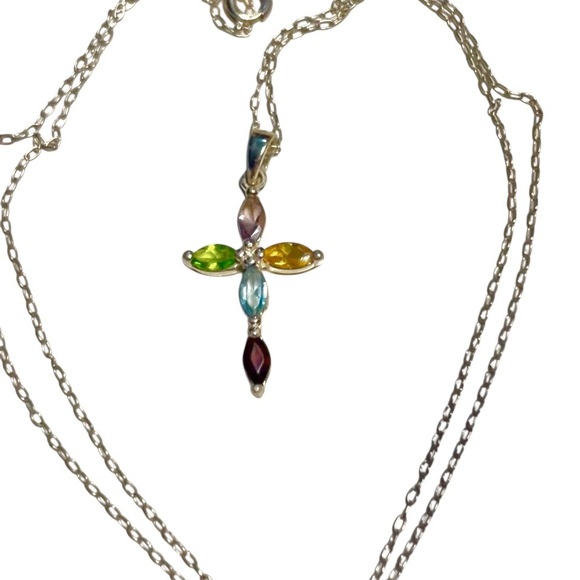 Jewelry - Sterling Silver Multicolor Gemstone Cross Pendant Necklace 20 inch